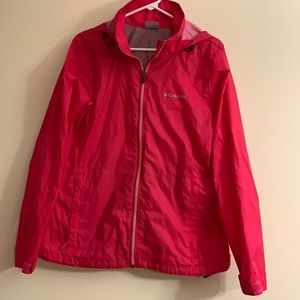 Beautiful pink rain jacket with stow away hood